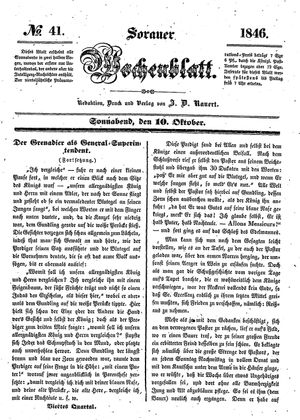 Sorauer Wochenblatt für Unterhaltung, Belehrung und Ereignisse der Gegenwart vom 10.10.1846