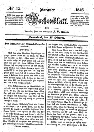 Sorauer Wochenblatt für Unterhaltung, Belehrung und Ereignisse der Gegenwart vom 17.10.1846