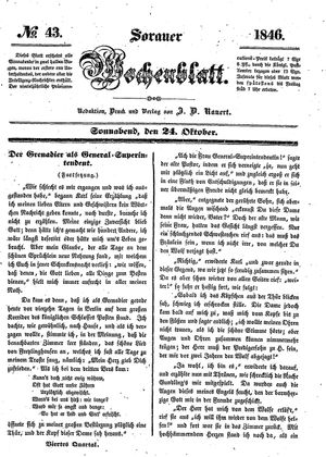 Sorauer Wochenblatt für Unterhaltung, Belehrung und Ereignisse der Gegenwart vom 24.10.1846