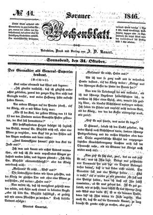 Sorauer Wochenblatt für Unterhaltung, Belehrung und Ereignisse der Gegenwart vom 31.10.1846