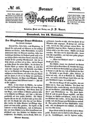 Sorauer Wochenblatt für Unterhaltung, Belehrung und Ereignisse der Gegenwart vom 14.11.1846