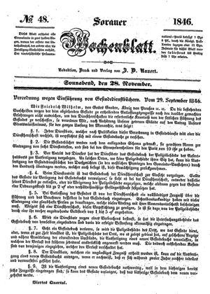 Sorauer Wochenblatt für Unterhaltung, Belehrung und Ereignisse der Gegenwart vom 28.11.1846