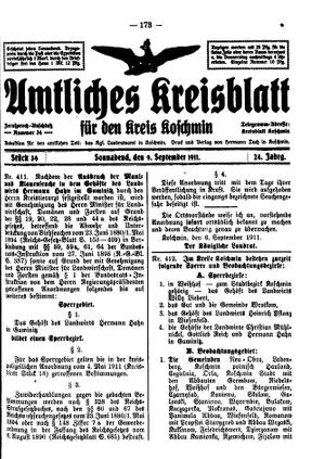 Amtliches Kreisblatt für den Kreis Koschmin vom 09.09.1911
