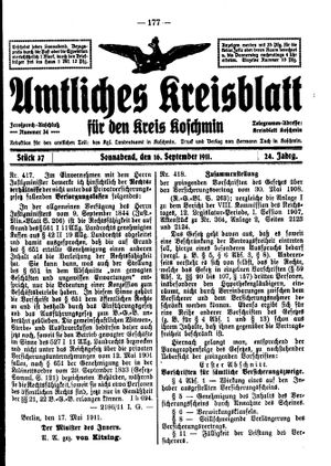 Amtliches Kreisblatt für den Kreis Koschmin vom 16.09.1911