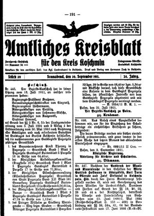 Amtliches Kreisblatt für den Kreis Koschmin vom 30.09.1911