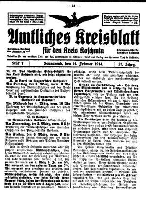 Amtliches Kreisblatt für den Kreis Koschmin vom 14.02.1914