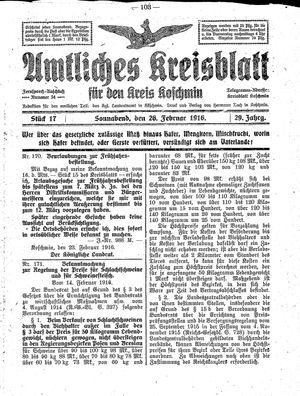 Amtliches Kreisblatt für den Kreis Koschmin vom 26.02.1916