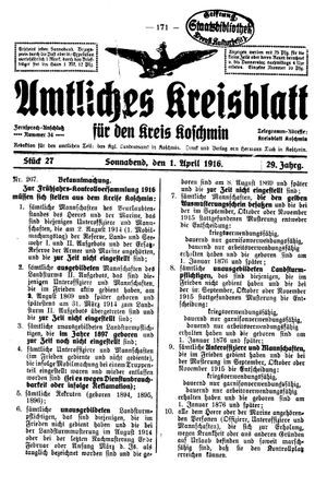 Amtliches Kreisblatt für den Kreis Koschmin on Apr 1, 1916