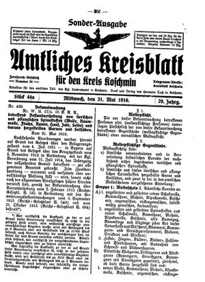 Amtliches Kreisblatt für den Kreis Koschmin vom 31.05.1916