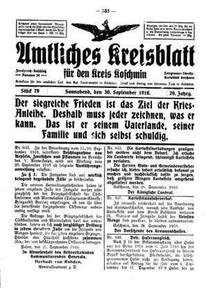 Amtliches Kreisblatt für den Kreis Koschmin vom 30.09.1916