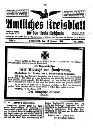 Amtliches Kreisblatt für den Kreis Koschmin vom 13.01.1917