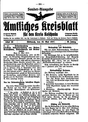 Amtliches Kreisblatt für den Kreis Koschmin vom 16.05.1917
