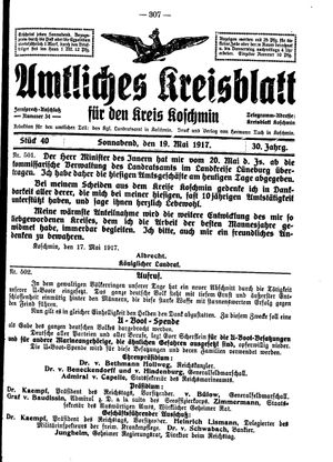 Amtliches Kreisblatt für den Kreis Koschmin vom 19.05.1917