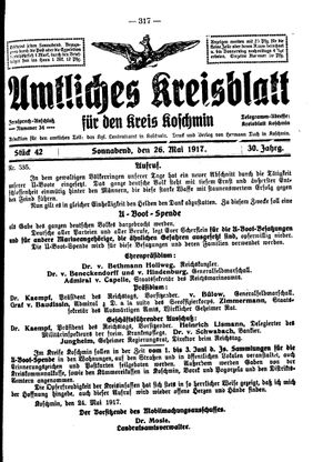 Amtliches Kreisblatt für den Kreis Koschmin vom 26.05.1917