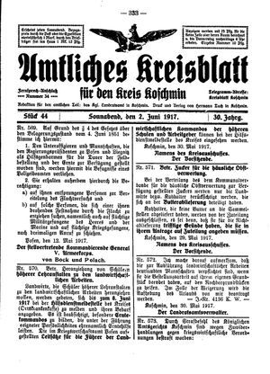 Amtliches Kreisblatt für den Kreis Koschmin vom 02.06.1917