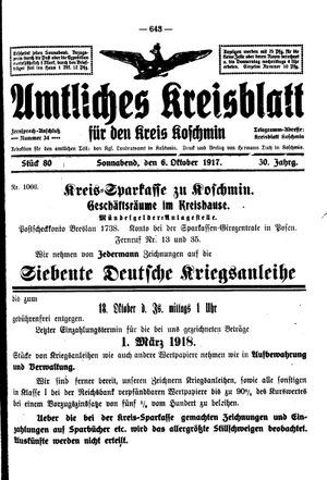 Amtliches Kreisblatt für den Kreis Koschmin vom 06.10.1917