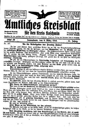 Amtliches Kreisblatt für den Kreis Koschmin vom 09.03.1918