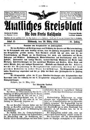 Amtliches Kreisblatt für den Kreis Koschmin vom 20.03.1918