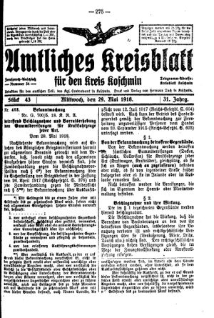 Amtliches Kreisblatt für den Kreis Koschmin vom 29.05.1918