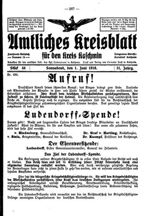 Amtliches Kreisblatt für den Kreis Koschmin vom 01.06.1918