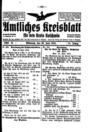 Amtliches Kreisblatt für den Kreis Koschmin vom 26.06.1918