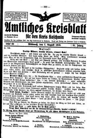 Amtliches Kreisblatt für den Kreis Koschmin vom 07.08.1918