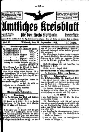 Amtliches Kreisblatt für den Kreis Koschmin vom 18.09.1918