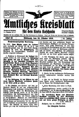 Amtliches Kreisblatt für den Kreis Koschmin on Oct 16, 1918
