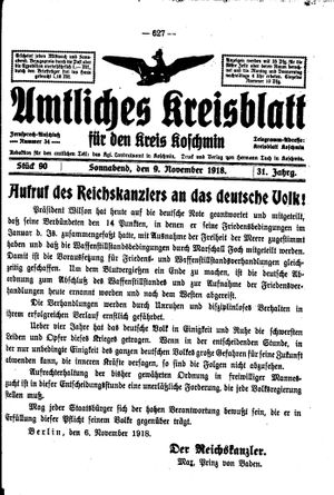 Amtliches Kreisblatt für den Kreis Koschmin vom 09.11.1918