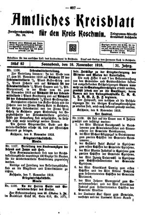 Amtliches Kreisblatt für den Kreis Koschmin vom 16.11.1918
