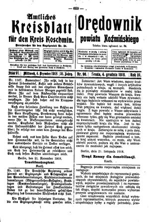 Amtliches Kreisblatt für den Kreis Koschmin vom 04.12.1918