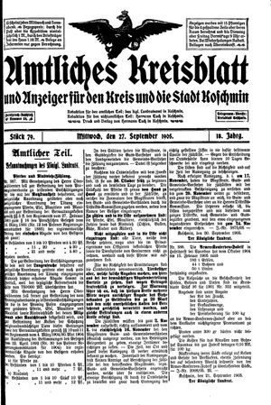 Amtliches Kreisblatt und Anzeiger für den Kreis und die Stadt Koschmin vom 27.09.1905