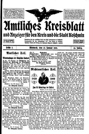 Amtliches Kreisblatt und Anzeiger für den Kreis und die Stadt Koschmin vom 27.01.1909