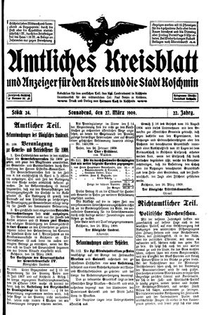 Amtliches Kreisblatt und Anzeiger für den Kreis und die Stadt Koschmin vom 27.03.1909