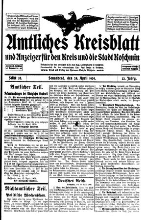 Amtliches Kreisblatt und Anzeiger für den Kreis und die Stadt Koschmin vom 24.04.1909