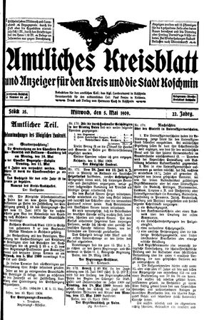 Amtliches Kreisblatt und Anzeiger für den Kreis und die Stadt Koschmin vom 05.05.1909