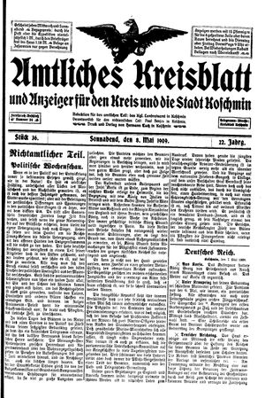 Amtliches Kreisblatt und Anzeiger für den Kreis und die Stadt Koschmin vom 08.05.1909