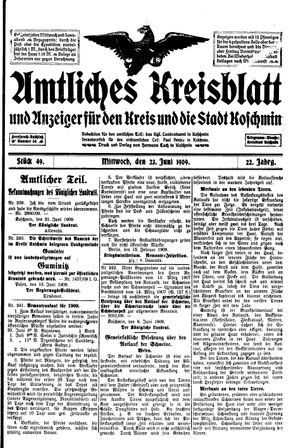 Amtliches Kreisblatt und Anzeiger für den Kreis und die Stadt Koschmin vom 23.06.1909