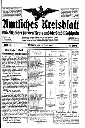 Amtliches Kreisblatt und Anzeiger für den Kreis und die Stadt Koschmin vom 30.06.1909