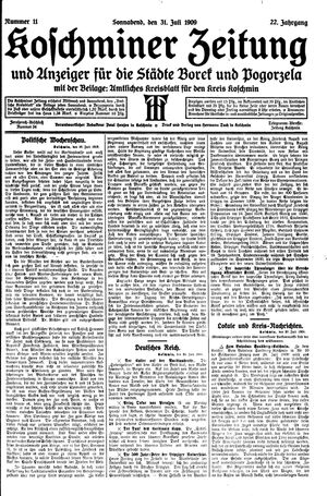 Koschminer Zeitung und Anzeiger für die Städte Borek und Pogorzela vom 31.07.1909