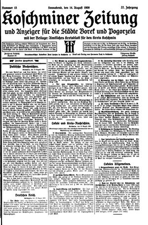 Koschminer Zeitung und Anzeiger für die Städte Borek und Pogorzela vom 14.08.1909