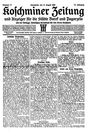 Koschminer Zeitung und Anzeiger für die Städte Borek und Pogorzela vom 21.08.1909