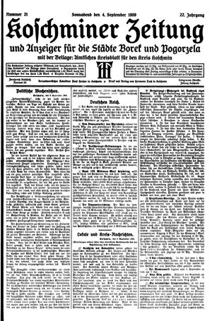Koschminer Zeitung und Anzeiger für die Städte Borek und Pogorzela vom 04.09.1909