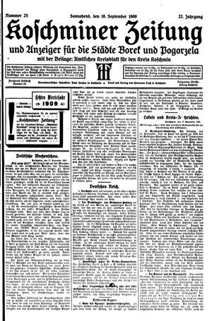 Koschminer Zeitung und Anzeiger für die Städte Borek und Pogorzela vom 18.09.1909