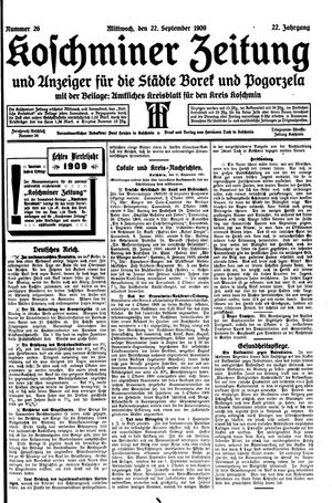 Koschminer Zeitung und Anzeiger für die Städte Borek und Pogorzela vom 22.09.1909