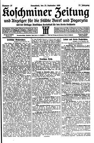 Koschminer Zeitung und Anzeiger für die Städte Borek und Pogorzela vom 25.09.1909