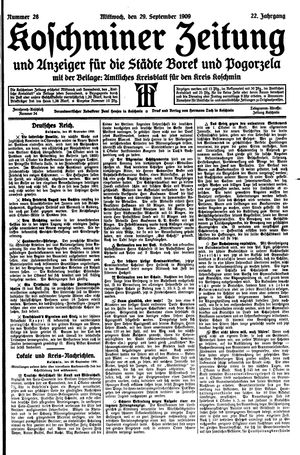 Koschminer Zeitung und Anzeiger für die Städte Borek und Pogorzela vom 29.09.1909