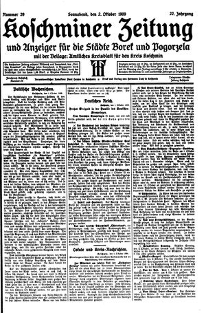 Koschminer Zeitung und Anzeiger für die Städte Borek und Pogorzela vom 02.10.1909