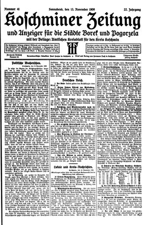 Koschminer Zeitung und Anzeiger für die Städte Borek und Pogorzela vom 13.11.1909