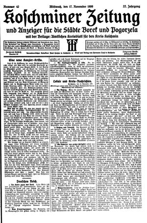 Koschminer Zeitung und Anzeiger für die Städte Borek und Pogorzela vom 17.11.1909